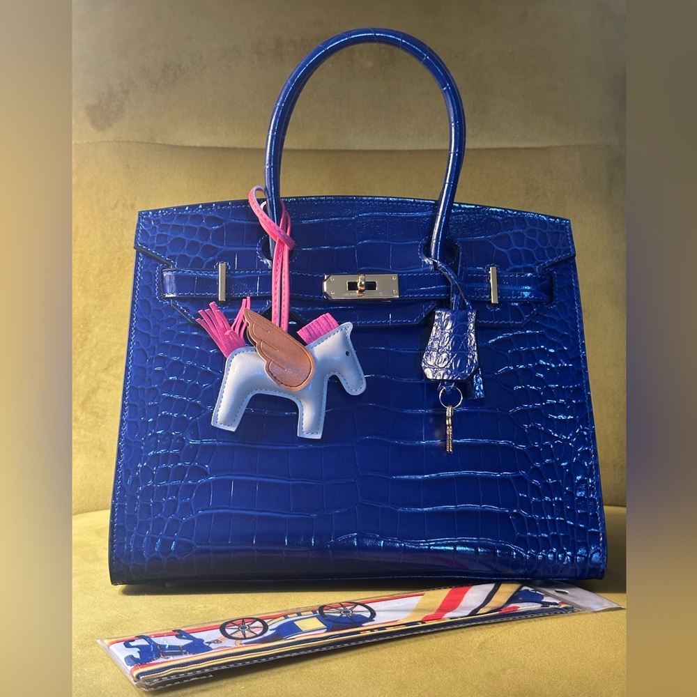 Blue Crocodile Embossed Leather Handbag with bag Charm - Picture 2 of 9